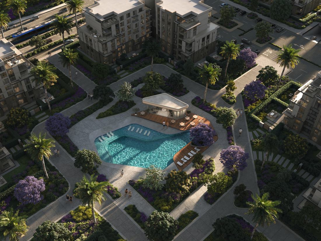 Aerial view of the clubhouse, pools and plazas