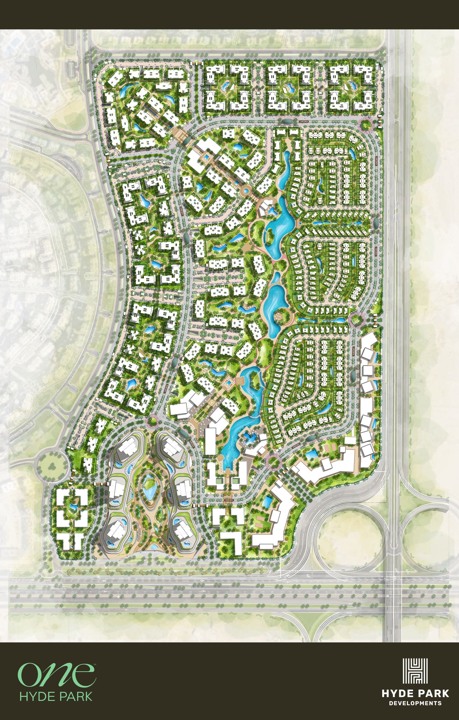 ONE Hyde Park masterplan — 238 acres of neighborhoods, lakes and a central green spine in New Cairo