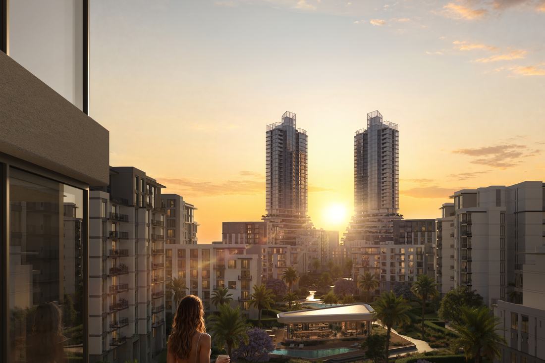 Sky villa terrace at sunset above the skyline
