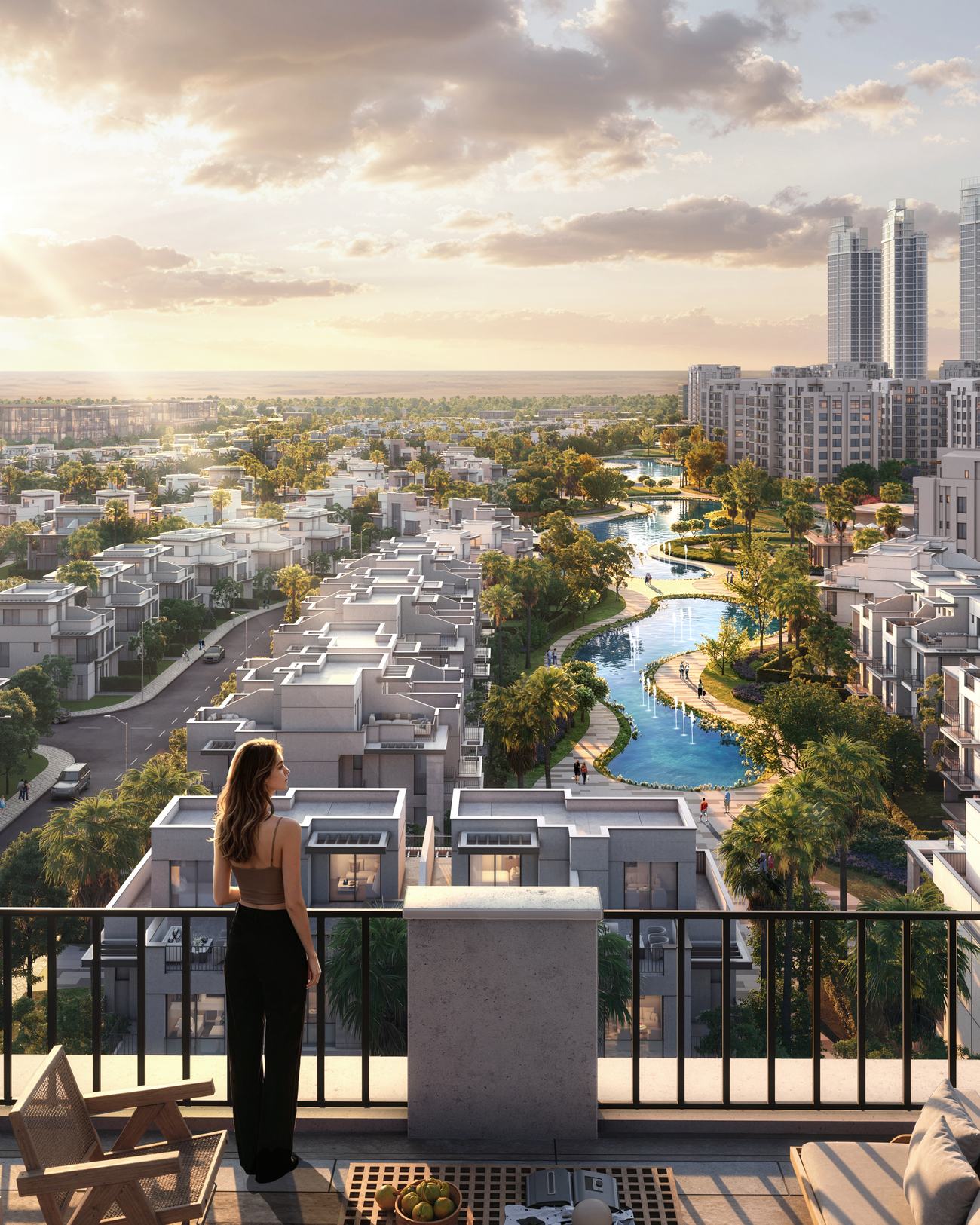 Looking out over the green spine and lake from a ONE Hyde Park terrace